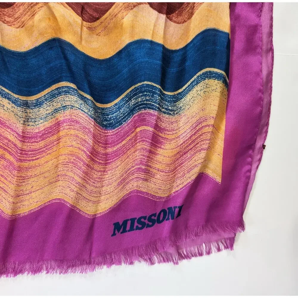 Missoni Foulard Silk Scarf Wrap Purple Waves Print Rectangular 76 x 26